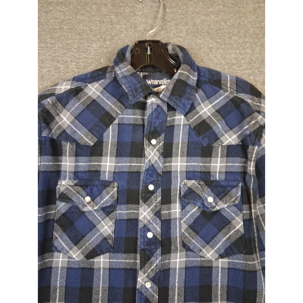 Wrangler Mens Shirt Medium Blue Plaid Flannel Pearl Snap Western Rodeo